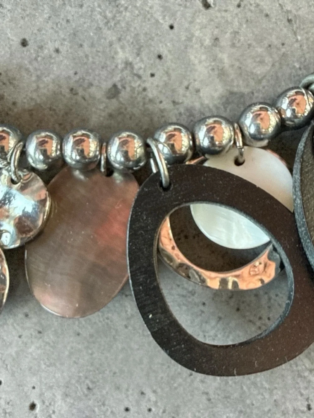🔥Chico’s Statement Necklace Black Rope Chain Mixed Media Circle Hammered Silver